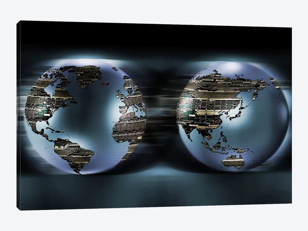 Two sides of earths made of digital circuits by Panoramic Images 1-piece Canvas Artwork