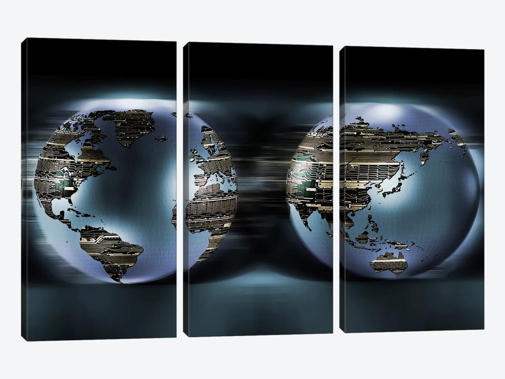 Two sides of earths made of digital circuits by Panoramic Images 3-piece Canvas Artwork