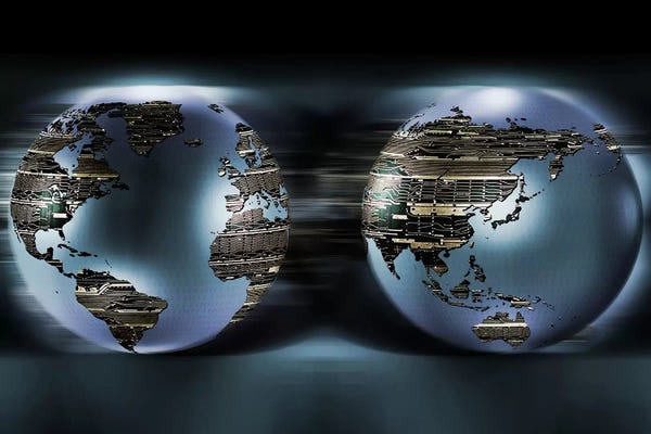 Globes: Two sides of earths made of digital circuits by Panoramic Images