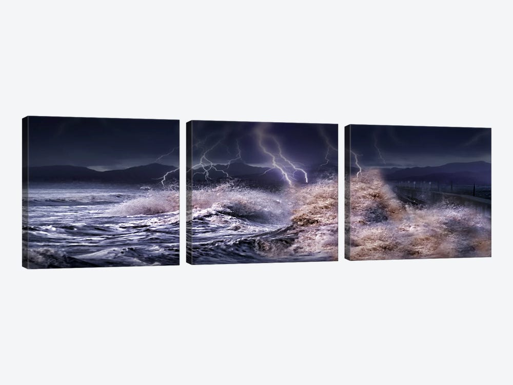 Storm waves hitting concrete by Panoramic Images 3-piece Canvas Art Print