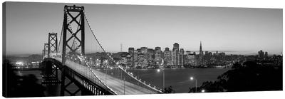 Bay Bridge At Night, San Francisco, California, USA (black & white) Canvas Art Print - Black & White Scenic