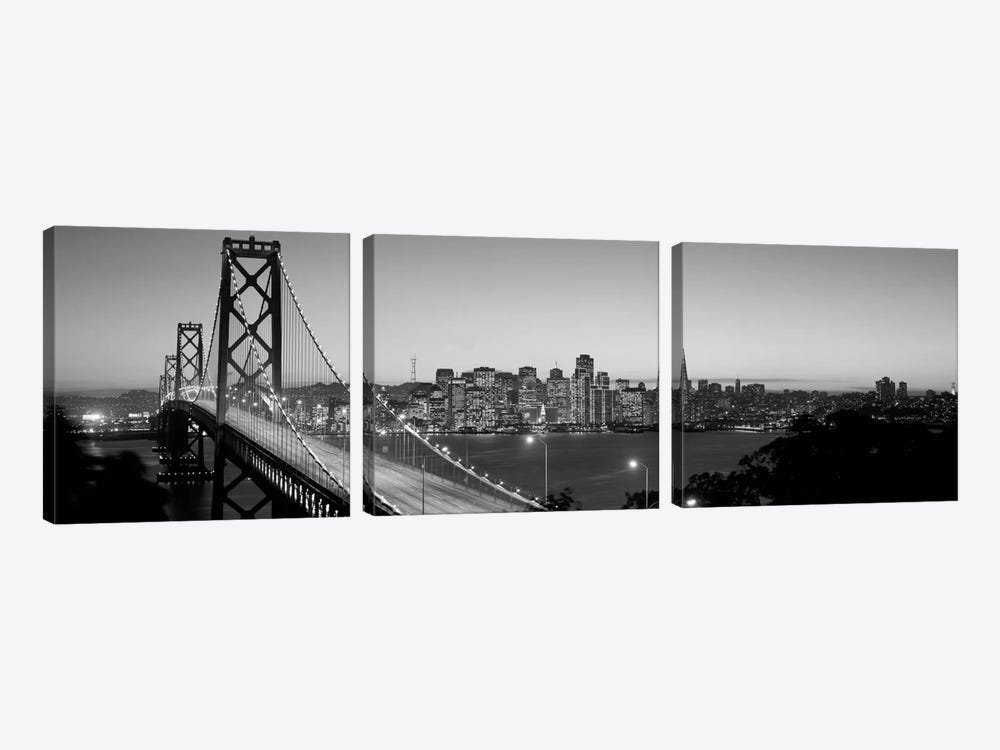 Bay Bridge At Night, San Francisco, California, USA (black & white) by Panoramic Images 3-piece Canvas Art
