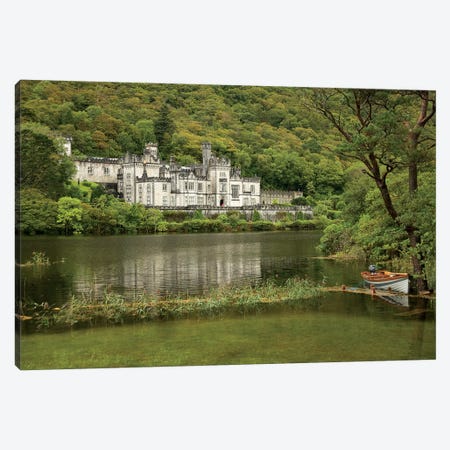 Kylemore Abbey, County Galway, Ireland, Castle, Towers Landscape, Scenic, Boat Canvas Print #PJW5} by Patrick J. Wall Art Print