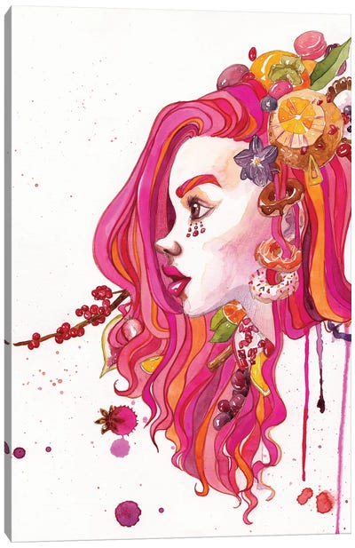 Pink Hair Canvas Art Print - Floral Portrait Art