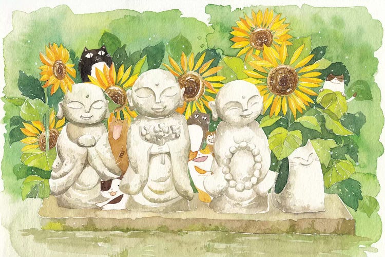 Buddha Sunflowers Cats by Penelopeloveprints wall art