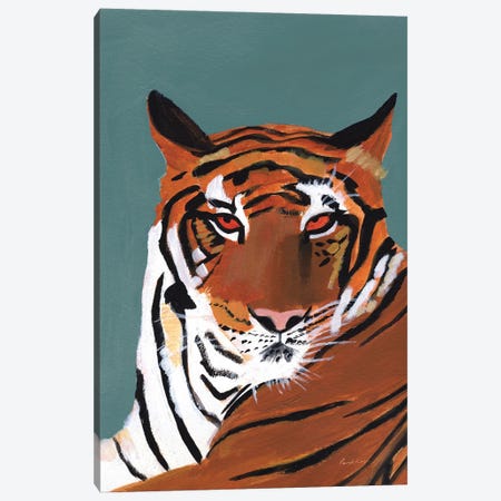 Colorful Tiger On Teal Crop Canvas Print #PML30} by Pamela Munger Art Print