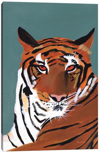 Colorful Tiger On Teal Crop Canvas Art Print - Bohemian Décor