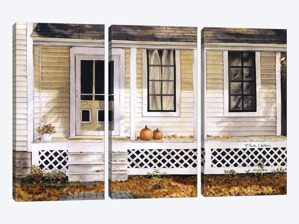 Vintage Rustic House With Pumpkins On Front Porch by Paula Nathan 3-piece Canvas Artwork