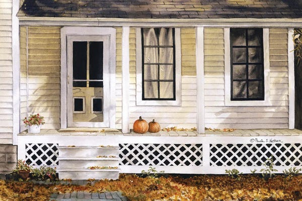 Houses: Vintage Rustic House With Pumpkins On Front Porch by Paula Nathan