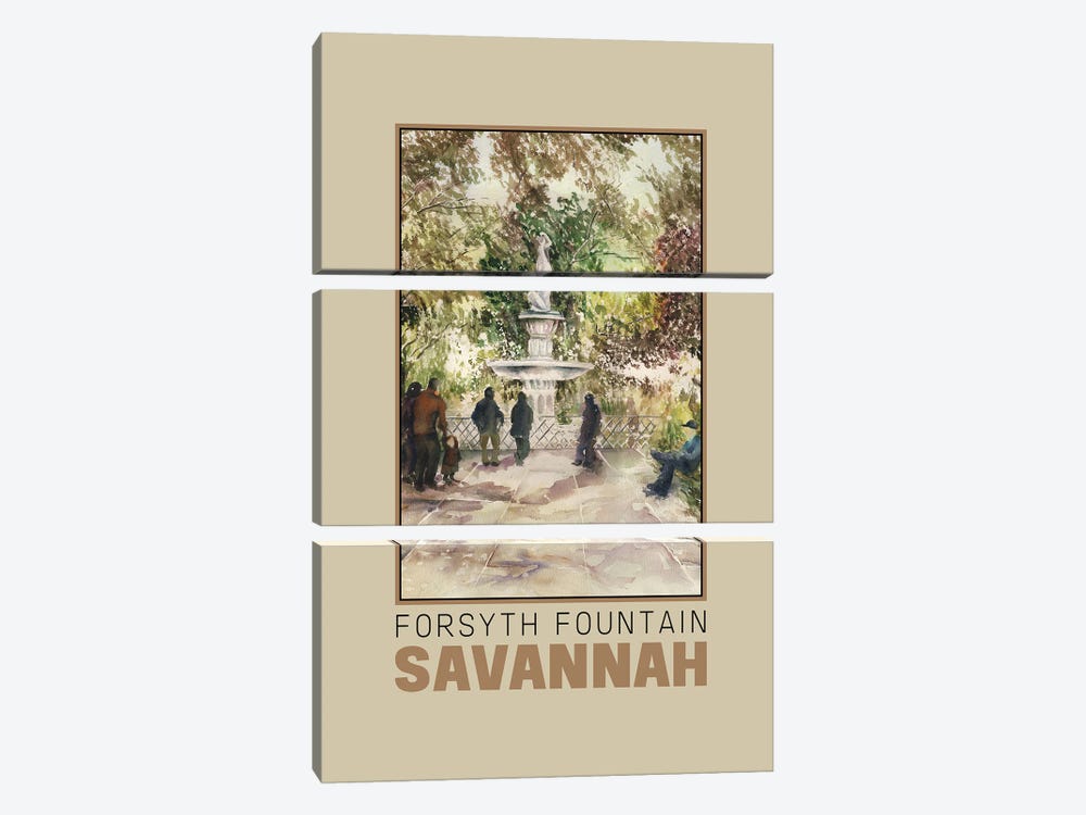 Savannah Forsyth Fountain-Travel Poster by Paula Nathan 3-piece Canvas Art