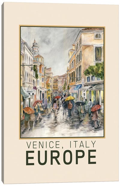 Venice Street In The Rain Travel Poster Canvas Art Print - Paula Nathan