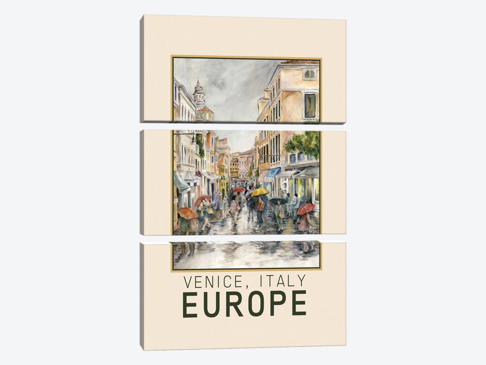 Venice Street In The Rain Travel Poster by Paula Nathan 3-piece Canvas Print