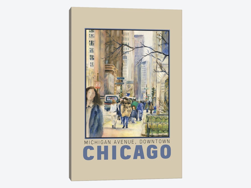 Chicago Downtown Michigan Avenue Travel Poster by Paula Nathan 1-piece Canvas Wall Art