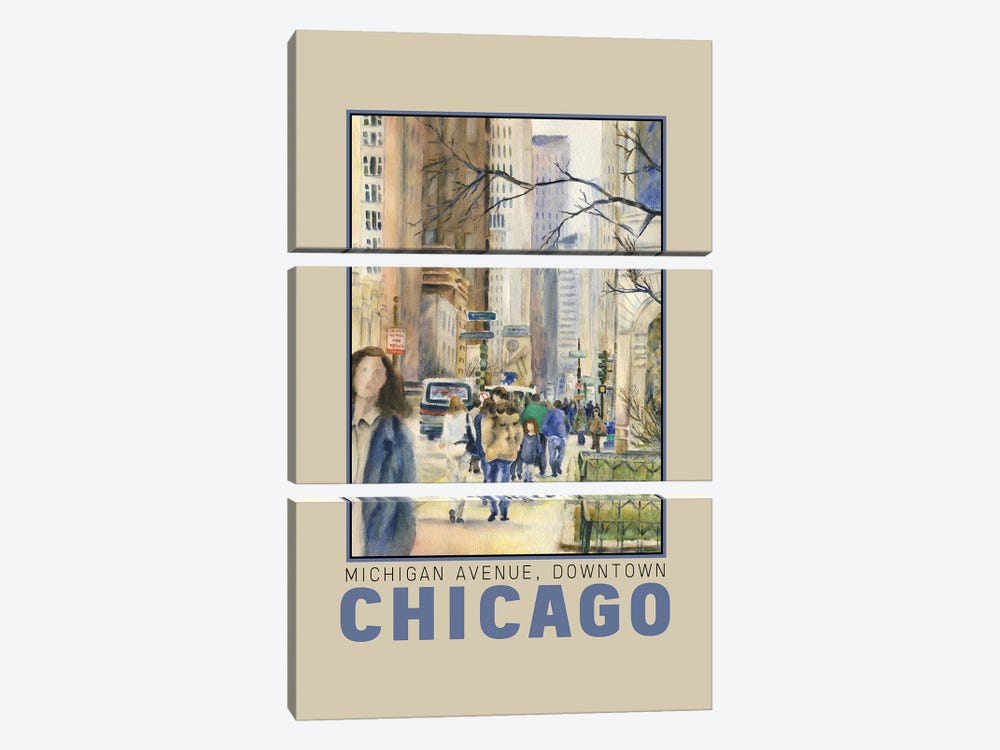 Chicago Downtown Michigan Avenue Travel Poster by Paula Nathan 3-piece Canvas Wall Art