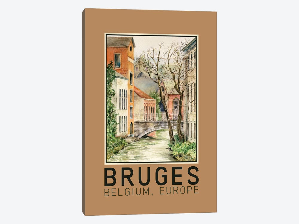 Bruges Belgium European Canal And Bridge Travel Poster by Paula Nathan 1-piece Canvas Wall Art