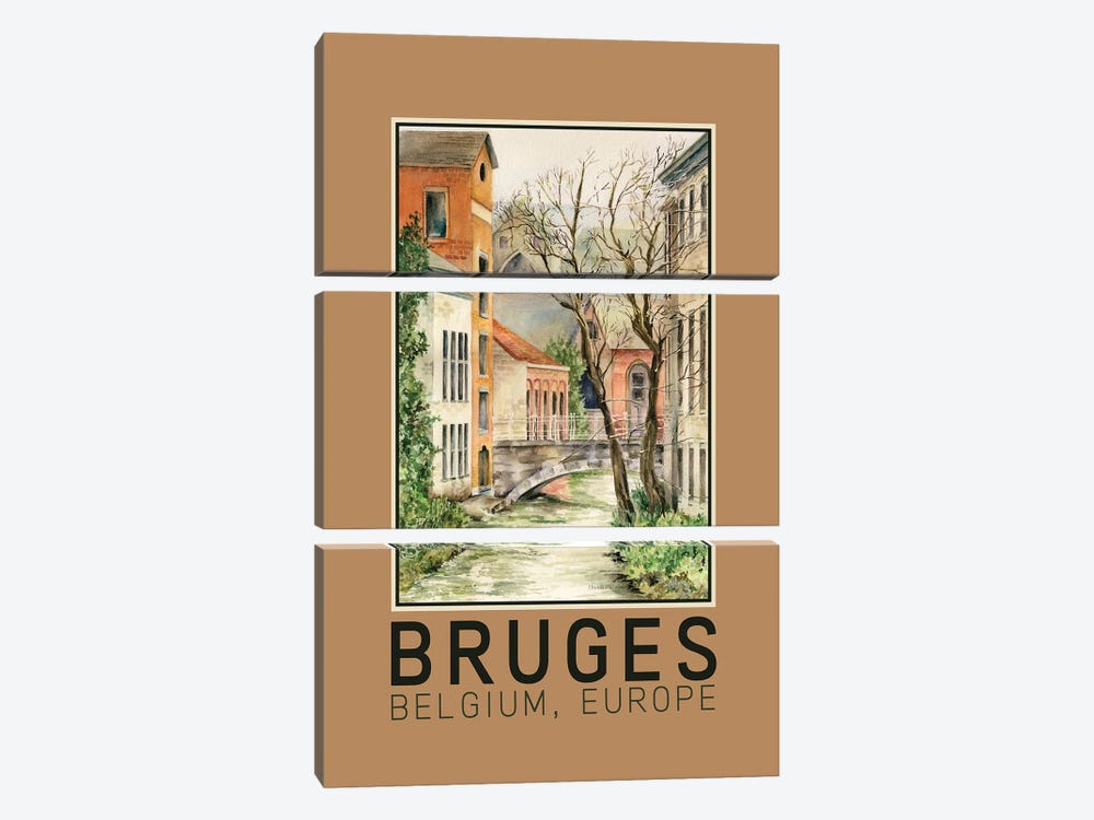 Bruges Belgium European Canal And Bridge Travel Poster by Paula Nathan 3-piece Canvas Artwork