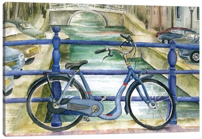 Blue Bike On Amsterdam Bridge Overlooking Canal Canvas Art Print - Bicycle Art