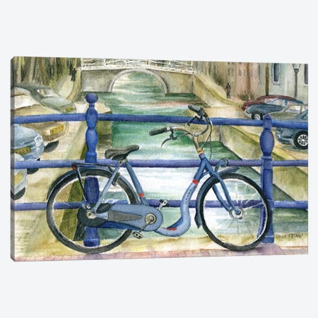 Blue Bike On Amsterdam Bridge Overlooking Canal Canvas Print #PNN57} by Paula Nathan Canvas Art
