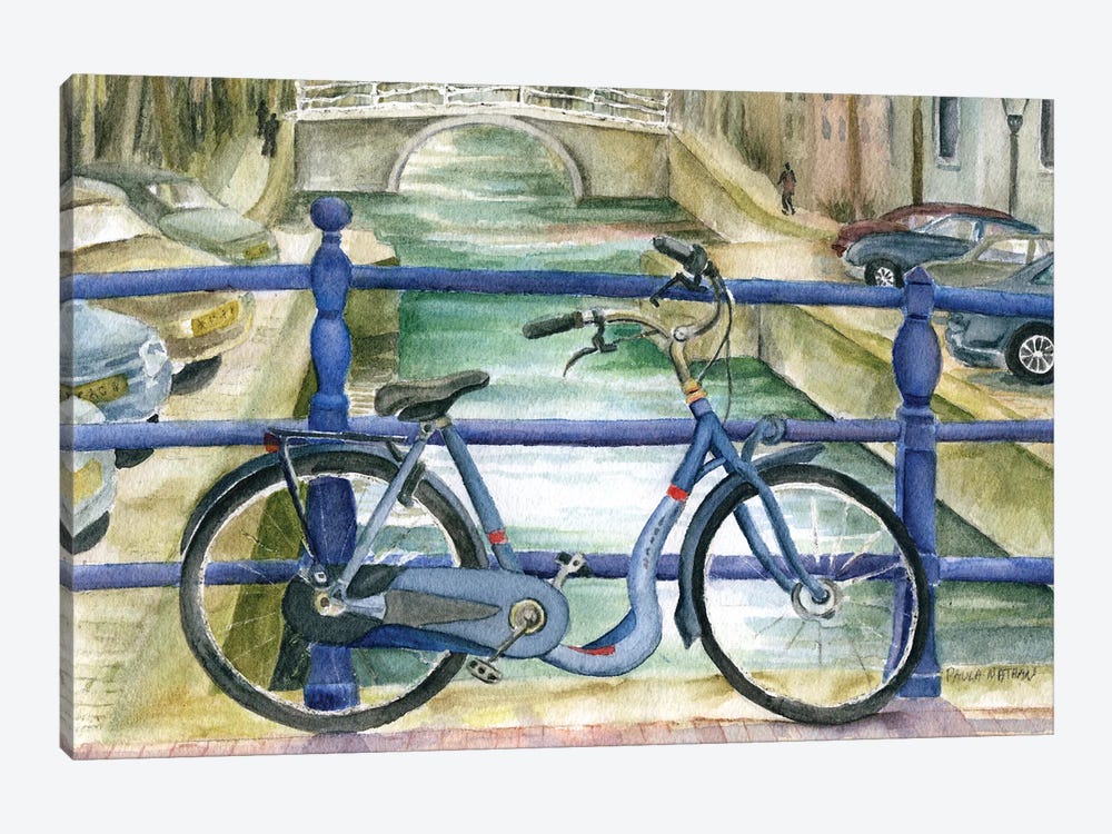 Blue Bike On Amsterdam Bridge Overlooking Canal by Paula Nathan 1-piece Canvas Artwork