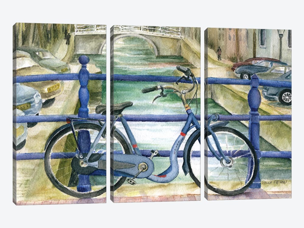 Blue Bike On Amsterdam Bridge Overlooking Canal by Paula Nathan 3-piece Canvas Art