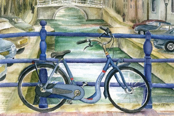 Paula Nathan: Blue Bike On Amsterdam Bridge Overlooking Canal by Paula Nathan