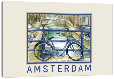 Blue Bike On Amsterdam Bridge Overlooking Canal Travel Poster Canvas Art Print - Paula Nathan