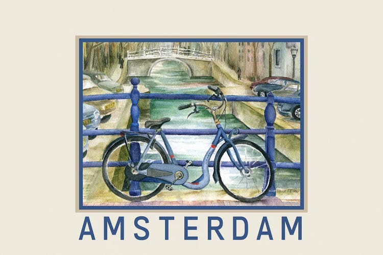 Blue Bike On Amsterdam Bridge Overlooking Canal Travel Poster