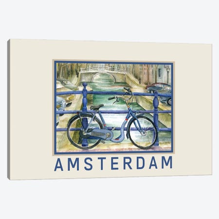 Blue Bike On Amsterdam Bridge Overlooking Canal Travel Poster Canvas Print #PNN58} by Paula Nathan Canvas Print