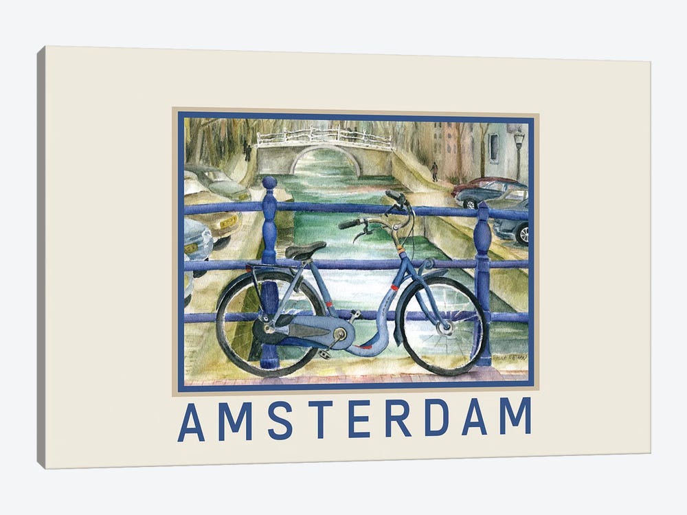 Blue Bike On Amsterdam Bridge Overlooking Canal Travel Poster by Paula Nathan 1-piece Art Print