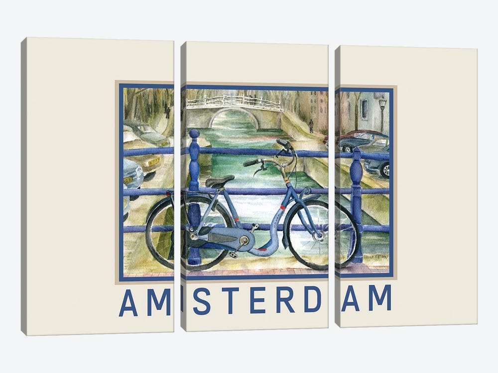Blue Bike On Amsterdam Bridge Overlooking Canal Travel Poster by Paula Nathan 3-piece Art Print