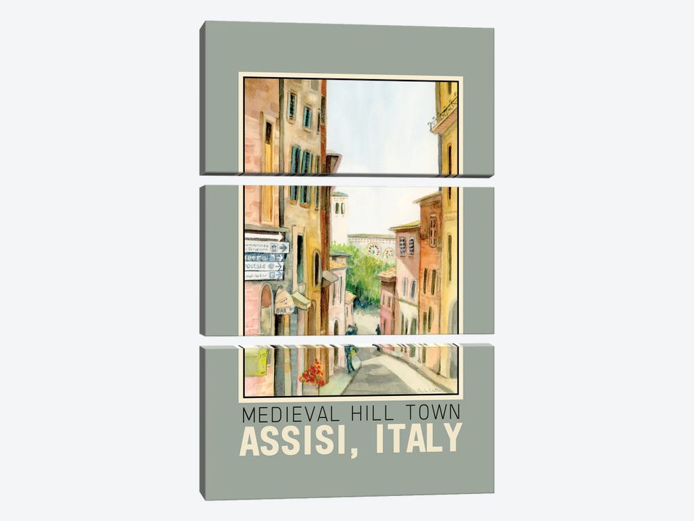 Assisi Italy Street Scene Travel Poster by Paula Nathan 3-piece Canvas Wall Art