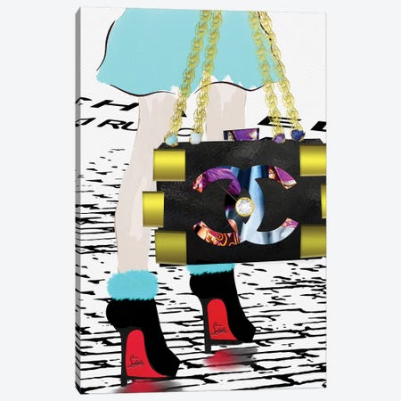 Framed Canvas Art (White Floating Frame) - Lady with The Chanel Bag and Rose Gold High Heels by Pomaikai Barron ( Fashion > Fashion Accessories > Bags