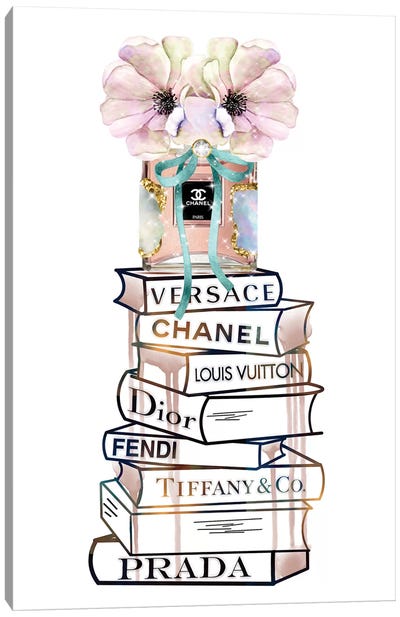 Peaches Fashion Perfume Bottle And Fashion Book Stack Canvas Art Print - Fashion Brand Art