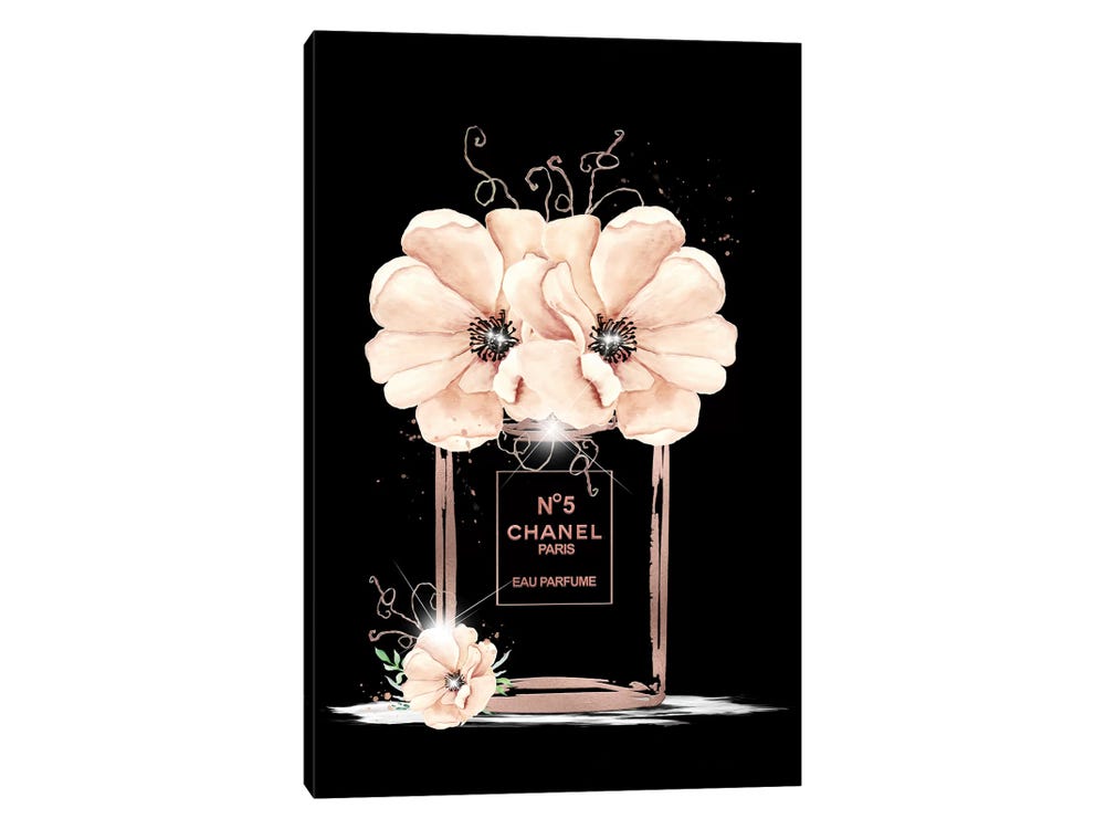 Framed Canvas Art (Champagne) - Rose Gold Fashion Perfume Bottle and Anemones by Pomaikai Barron ( Floral & Botanical > Flowers > Anemones art) 