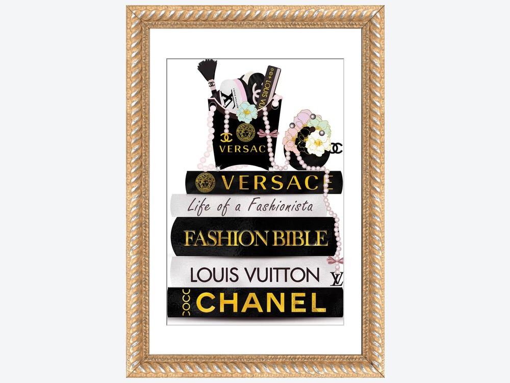 Framed Canvas Art (Gold Floating Frame) - Bling Bling Bubu High Heels on Fashion Book Stack by Pomaikai Barron ( Fashion > Fashion Brands > Louis