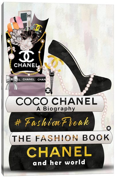 Hashtag Fashion Freak Book Stack, Fry Bag & High Heels Canvas Art Print - Chanel Art