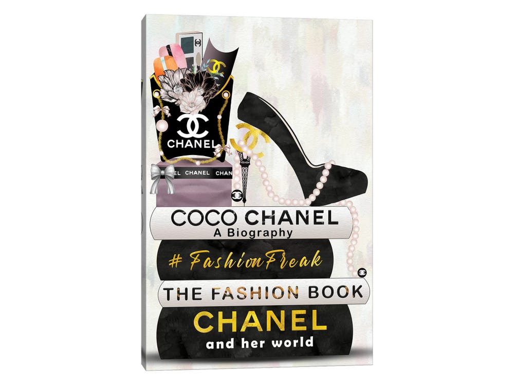 Framed Canvas Art (Gold Floating Frame) - Hashtag Fashion Freak Book Stack, Fry Bag & High Heels by Pomaikai Barron ( Fashion > Fashion Brands >