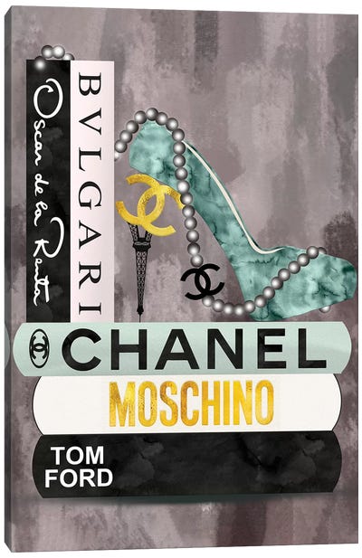 Green, Black & Gold High Heel On Fashion Book Stack Canvas Art Print - Chanel Art