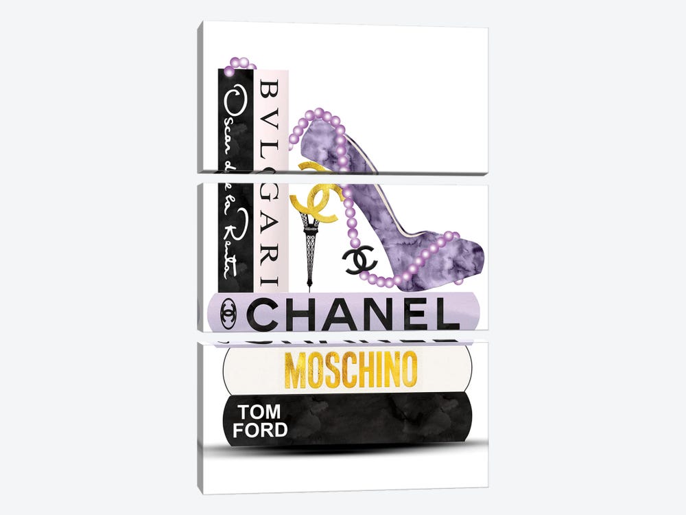 Purple, Black & Gold High Heel On Fashion Book Stack by Pomaikai Barron 3-piece Canvas Art