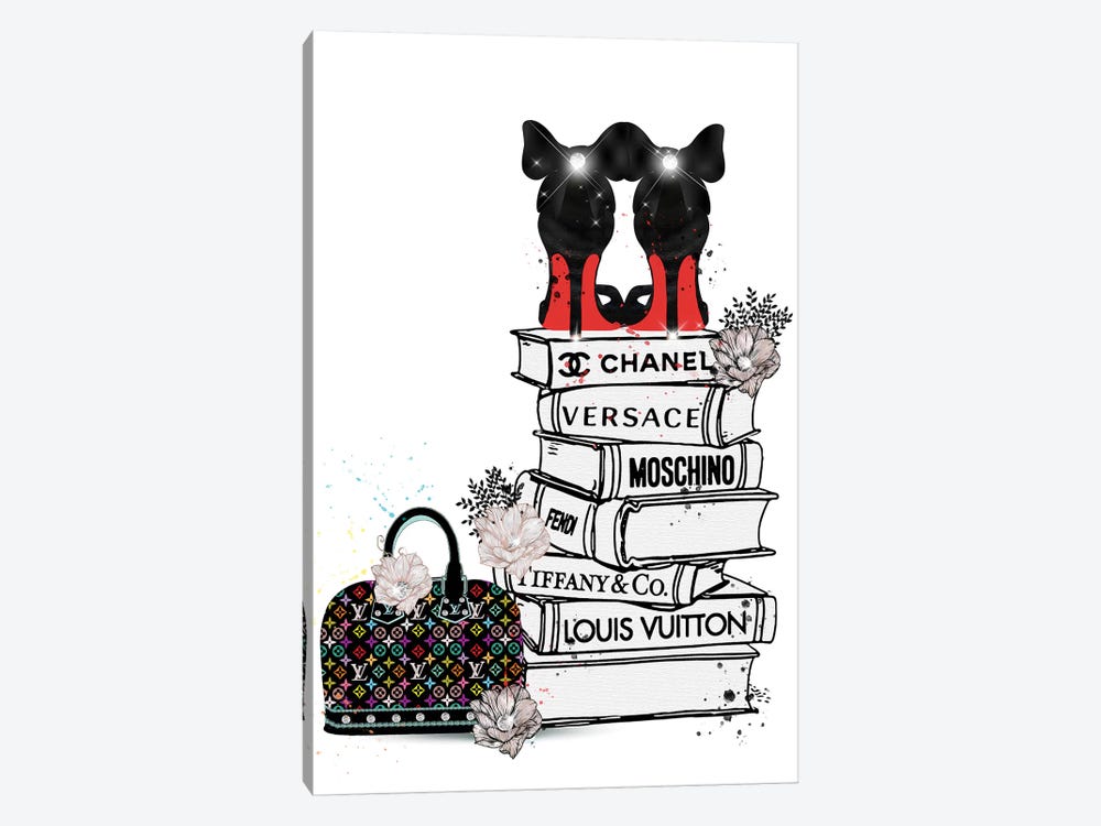Framed Canvas Art (Champagne) - Bubu Heels on Fashion Book Stack and LV Bag by Pomaikai Barron ( Holiday & Seasonal > Classroom Wall Art > Reading 