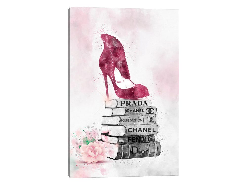 Framed Canvas Art (Gold Floating Frame) - Pink Bow Red Bottom High Heels on Pink & Black Fashion Books by Pomaikai Barron ( Fashion > Fendi art) 