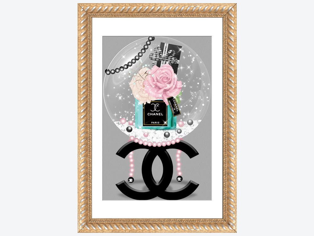 Framed Canvas Art - Pink Coco Perfume Bottle on Extra Tall Fashion Books with Pearls on Black by Pomaikai Barron ( Fashion > Fashion Brands > Yves