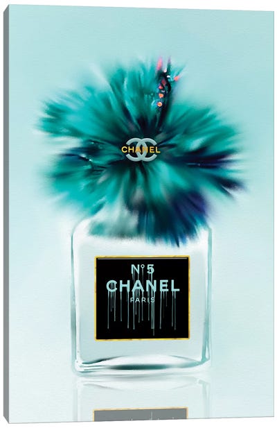 Tickle My Turquoise Fashion Perfume Bottle & Hibiscus Canvas Art Print - Chanel Art