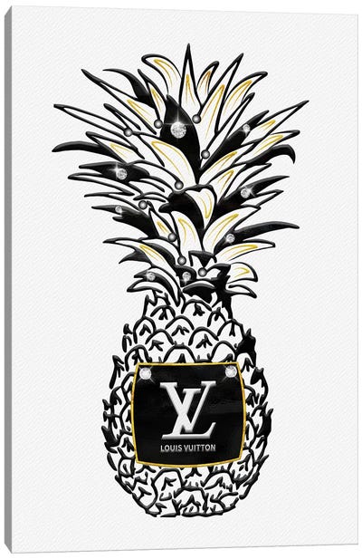 LV Black White Gold Fashion Pineapple With Diamonds & Pearls Canvas Art Print - Food & Drink Typography