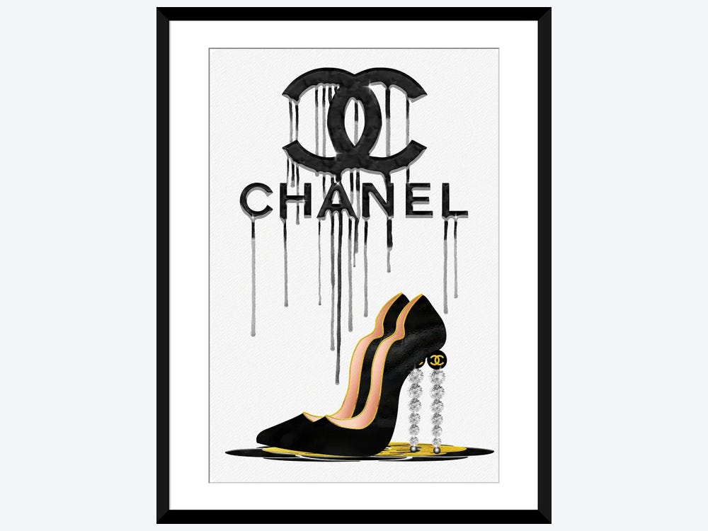Framed Canvas Art - Fashion Drips CC Black High Heels, Diamonds & Pearls by Pomaikai Barron ( Fashion > Fashion Brands > Chanel art) - 26x18 in