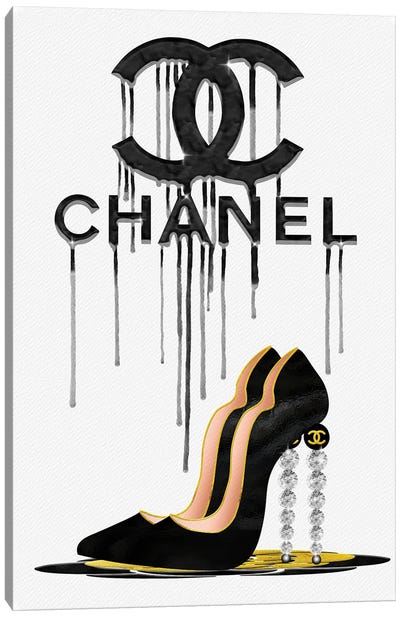Fashion Drips CC Black High Heels, Diamonds & Pearls Canvas Art Print - Chanel Art