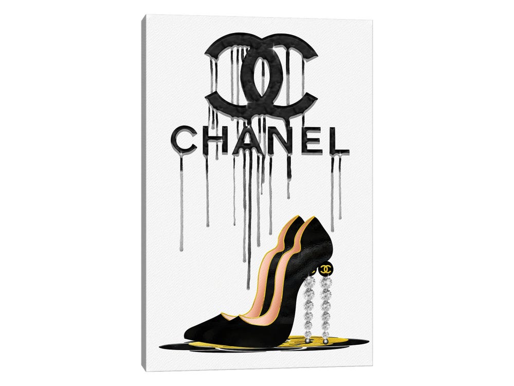 Framed Canvas Art (White Floating Frame) - Fashion Drips CC Black High Heels, Diamonds & Pearls by Pomaikai Barron ( Fashion > Fashion Brands > Chanel