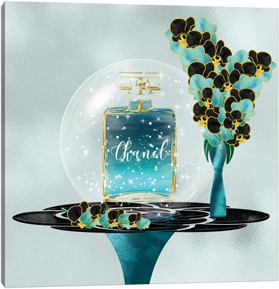 Azeni Teal Blue Perfume Bottle & Orchids Canvas Art Print - Perfume Bottle Art