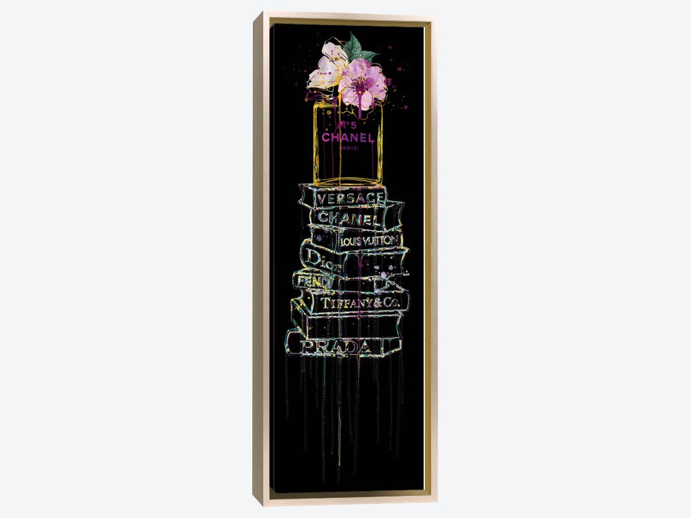 Framed Canvas Art - Pink Coco Perfume Bottle on Extra Tall Fashion Books with Pearls on Black by Pomaikai Barron ( Fashion > Fashion Brands > Yves