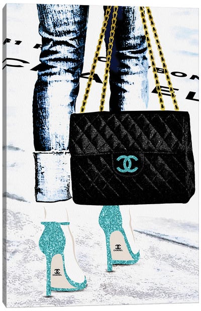 Lady With The Chanel Bag And Teal High Heels Canvas Art Print - Glam Bedroom Art